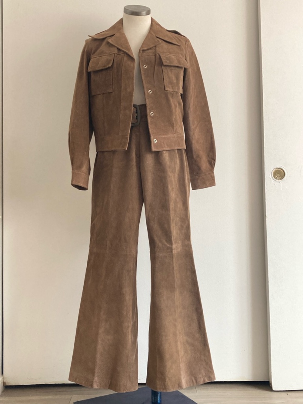 Brown Suede Two-Piece Jacket & Flared Pants Set Sz 7